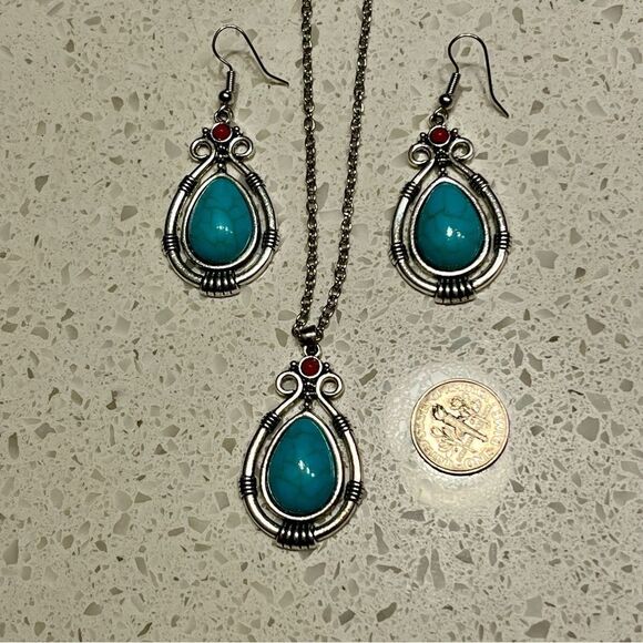 Faux Turquoise Floral Earrings & Necklace Set in vintage bohemian style - Picture 6 of 14